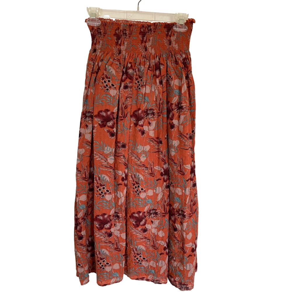 Natural Life Floral Smocked Midi Skirt Rust Orange Boho Cotton Rayon Womens M